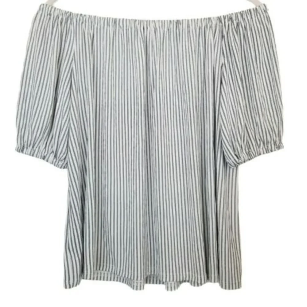 LOFT Blouse Medium Navy Blue Pinstripe Off the Shoulder Puff Sleeve Striped Top